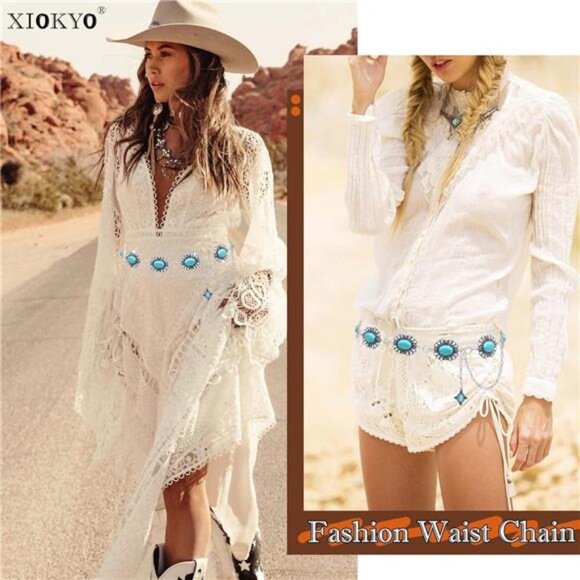 Bling Rhinestone Concho Belt Silver Metal Boho Turquoise Belts Western Crystal main image 7